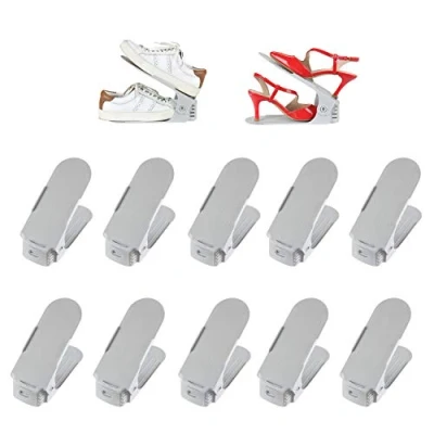 Abbildung von Deuline 10 x verstellbarer Schuhschlitz Schuhregal Schuhstapler schuhaufbewahrung Schuhorganizer Schuhhalter Farbe: Grau