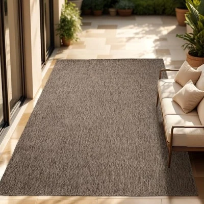 Abbildung von Paco Home Outdoor Teppich Wetterfest Wohnzimmer Balkon Küchenteppich Flachgewebe Sisaloptik Meliert Einfarbig, Grösse:200 cm Quadrat, Farbe:Taupe