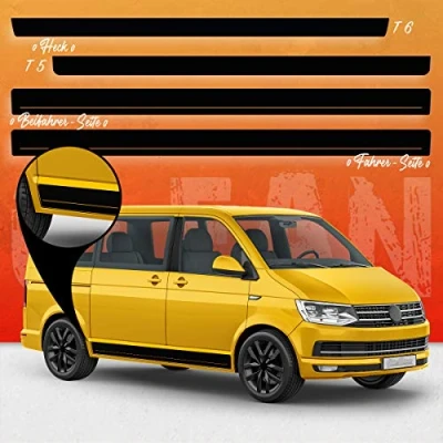 Abbildung von Auto Dress Seiten Streifen Aufkleber Set/Dekor passend für VW T4, T5 &amp; T6 Bus Motiv: Clean Original (111M Black Matt, Kurzer Radstand)