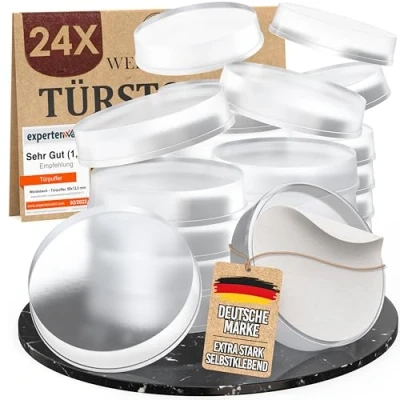Abbildung von WEIDEBACH® 24x dezente Türpuffer transparent, Türstopper Wand selbstklebend 20x5 mm, Elastikpuffer transparent für Bad, Glasflächen, Wände, Gummistopper, Klebepunkte