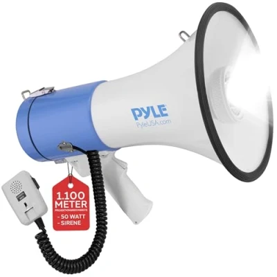 Abbildung von Pyle Signalhorn, Megaphon Megaphone with Siren Megafon mit Sirene, Mikrofon &amp; LED Leuchten 50W, Handsirene als Polizei Fussball Tröte oder zum Anfeuern, Faltbar, Reichweite: 1100m