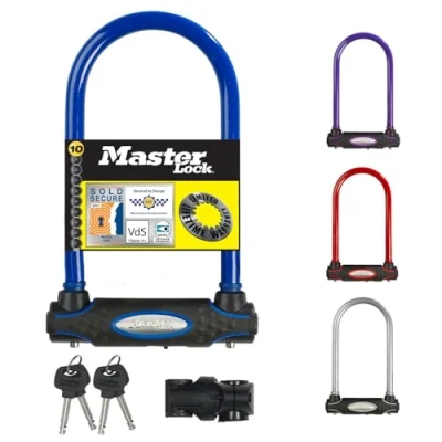 Abbildung von MASTER LOCK Bügelschloss [Schlüsselschloss] [mit Halterung] [Zertifiziertes Fahrrad Schloss Secure Gold Zertifikat][Blau] [Silber, Rot, Blau oder Lila] 8195EURDPROCOL Ideal für Fahrräder