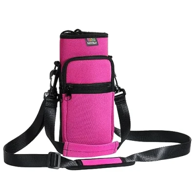 Abbildung von Nuovoware Flaschenhalter Trinkflasche Molle Beutel 25oz/710ml, Isolierte Neopren Kessel mit Schultergurt und Front Reißverschluss Tasche für Wandern Laufen Radfahren Jagd Reisen Magenta
