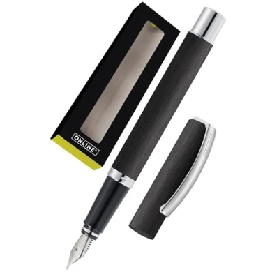 Abbildung von ONLINE Füller Vision Black I Eleganter Füllfederhalter mit Iridium Feder M Für Standard Tintenpatronen &amp; Konverter Matt gebürstete Aluminium Oberfläche Schwarzer Füllhalter in Geschenkverpackung