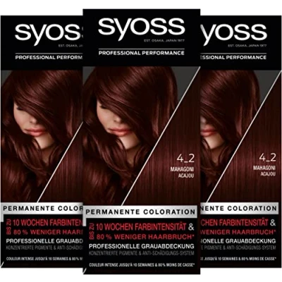 Abbildung von Syoss Color Coloration 4_2 Mahagoni Stufe 3 (3 x 115 ml), permanente Haarfarbe für bis zu 10 Wochen Farbintensität und 70 % weniger Haarbruch*