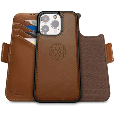 Abbildung von Dreem Fibonacci kompatibel mit iPhone 15 Pro Brieftaschen Etui / 2 in 1 stoßfestes und abnehmbares Folio aus veganem Leder, MagSafe kompatibel, RFID Schutz [Schokolade]