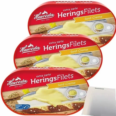 Abbildung von Hawesta Heringsfilets in Senf Creme MSC 3er Pack (3x200g Dose) + usy Block