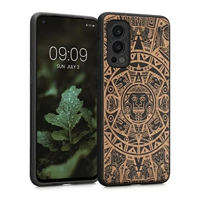 Abbildung von kwmobile Hülle kompatibel mit OnePlus Nord 2 5G Holz Case Handy Cover TPU Handyhülle in Hellbraun Schwarz Maya Kalender Art