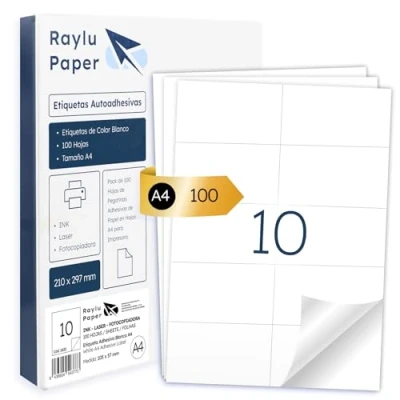 Abbildung von Raylu Paper ® selbstklebende weiße Etiketten zum Drucken, Papieraufkleber auf A4 Bögen für Inkjetdrucker, Laser und Fotokopierer, 10 pro Blatt (105 x 57 mm)