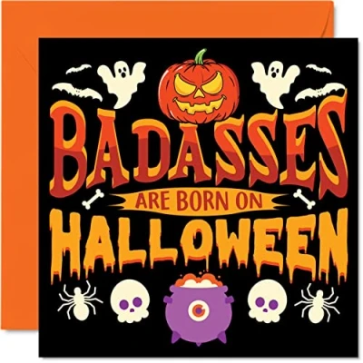 Abbildung von Lustige Geburtstagskarten für Männer und Frauen Badass Born on Halloween Happy Birthday Karte Freund, Bruder, Schwester, Cousin, Tante, Onkel, Mutter, Vater, Sohn, Tochter, 145 mm x mm, Gruselige Geburtstagskarte
