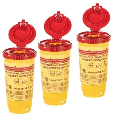 Abbildung von Ratiomed Sharps Container 3 Stück Multi Safe 0,5 L twin plus REF 77.3884.005 Carmesin® Rot Polypropylen (PP) Entsorgungsbehälter für spitze Gegenstände in Krankenhausumgebungen