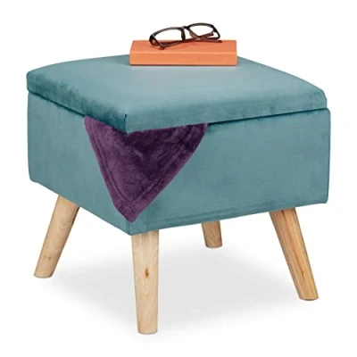 Abbildung von Relaxdays Samthocker mit Stauraum, gepolstert, eckig, Holzbeinen, Wohnzimmer Sitzhocker, HBT: 40x40x40 cm, türkis