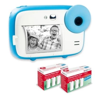 Abbildung von AGFA Photo Realikids Instant Cam + 6 Rollen Thermopapier, ATP3WH Sofortbildkamera für Kinder, LCD Display 2,4 Zoll, Lithium Akku, Selfie Spiegel und Fotofilter Blau