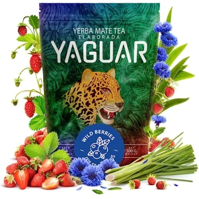 Abbildung von Yaguar Wild Berries 500 g Erdbeere Walderdbeere Mate Tee Perfekt für Anfänger Großer Gehalt an Koffein Milder anregender 0,5 kg