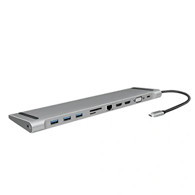 Abbildung von LogiLink UA0373 USB 3.2 (Gen 1) Docking Station mit 11 Ports und PD (Power Delivery) 100W, 3X / 2X HDMI 1x VGA CardReader RJ45 3,5mm Black, Silber