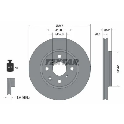 Abbildung von TEXTAR PRO 92141903 Bremsscheibe 247 20 04/07 100 außenbelüftet beschichtet ohne Radbefestigungsbolzen, Radnabe TOYOTA: Aygo, CITROËN: C1 I