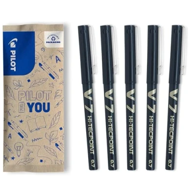 Abbildung von PILOT 5er Set Hi Tecpoint V7 Tintenroller Flüssigtinte und feiner Spitze für ein flüssiges, präzises Schriftbild Schnell trocknend, nicht tropfend Schwarz Mittlere 0,7mm