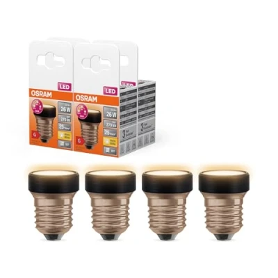 Abbildung von OSRAM LED STAR FLAT mit 3.5W (wie 26W), 270lm/2700K, warmweiß 827, frosted, Kunststoff in Schwarz, E27 Schraubgewinde, 3 fach dimmbar über Wandschalter, 35 mm DM, 4 Pack
