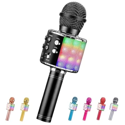 Abbildung von ShinePick Mikrofon Kinder Bluetooth, 4 in 1 Drahtloses Karaoke Mikrofon, Tragbare LED Microphone Spielzeug ab 12 Jahre, Heim KTV Gerät kompatibel mit iOS Android PC (Schwarz)