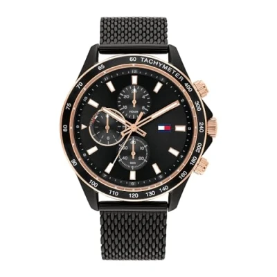 Abbildung von Tommy Hilfiger Multi Zifferblatt Quarz Uhr für Herren mit Schwarzes Edelstahl Mesh Gliederarmband 1792020