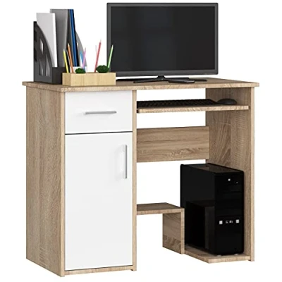 Abbildung von PC Schreibtisch Jay mit Tastatur und Ablage Office Desk Computertisch 2 Schubladen Türablagen 1 Schublade Ablagefach Tür Fußablage B90 x H74 T50 cm 29 kg Sonoma Eiche/Weiß