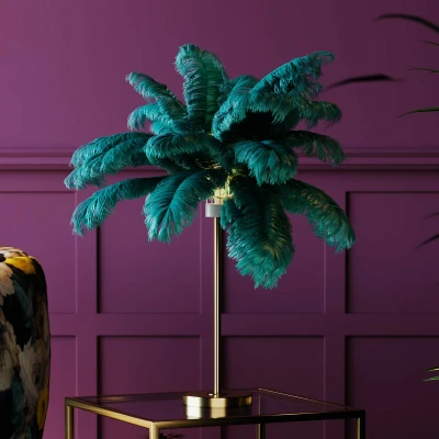 Abbildung von Kare Design Tischlampe Feather Palm Grün, Desk Lamp, Schreibtischlampe, Nachttischlampe, Dekoleuchte, Leuchtmittel nicht inklusiv, Tischleuchte, Palmen Motiv, Federn, 60x50x50cm