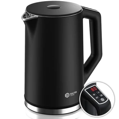 Abbildung von BALTER Edelstahl Wasserkocher mit Temperatureinstellung, 40C 100C, Doppelwand, BPA frei, leise &amp; kabellos, Kettle, Teekocher Temperaturwahl, 1.5L, 2200W, Schwarz