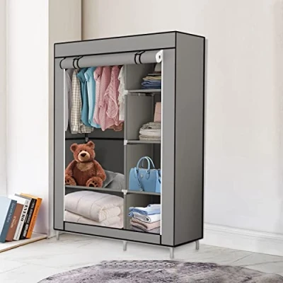 Abbildung von HUOLE Stoffschrank, Kleiderschrank, 2 Hängefächer, mit Ablagen, 4 Seitentaschen, viel Platz, für Schlafzimmer, Wohnzimmer, 105 * 45 170cm dunkelgrau