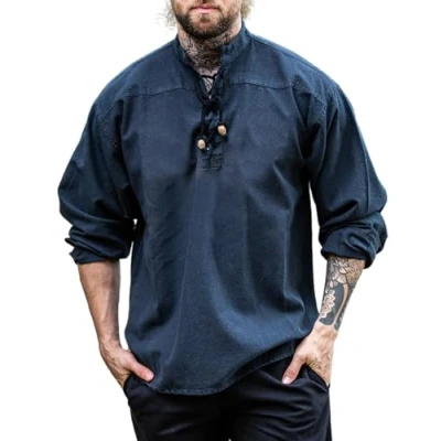 Abbildung von Leonardo Carbone® Mittelalter Hemd Ansbert Kleidung, Herren, LARP Festival Outfit, Karneval Kostüm, Freizeithemden Langarm 100% Baumwolle Blau 2XL