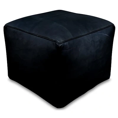 Abbildung von See the Good Quadratischer Leder Pouf Handgefertigt gefüllt geliefert Ottoman, Sitzsack, Fußhocker (Schwarz)