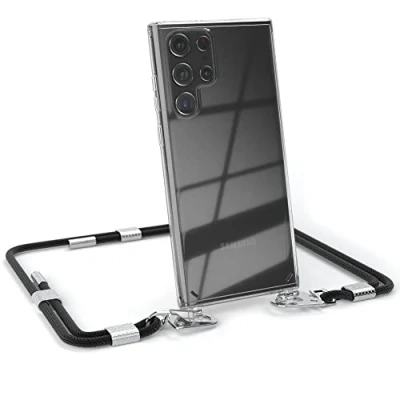 Abbildung von EAZY CASE kombinierbare Handyketten kompatibel mit Samsung Galaxy S22 Ultra 5G, Transparente Silikon Hülle stylischen Umhängeband, Abnehmbarer Karabiner, Umhängetasche, Schwarz Clips Silber