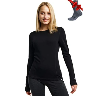 Abbildung von Merino.tech Merino Shirt Damen Langarm Premium 100% Unterwäsche Mittel + Wollsocken (X Large, Black 250)