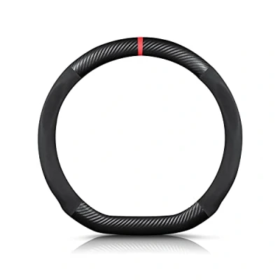 Abbildung von Ergocar D förmiges Kohlefaser und Mikrofaser PU Leder Lenkradbezug Anti Rutsch Atmungsaktiv lenkradhülle Schweißabsorbierend Sport Für Durchmesser 38cm（15&quot;） Schwarz Rot