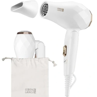 Abbildung von Lebenlang Reisehaartrockner klappbar klein , 1000,00 W, Duale Spannung &amp; Inkl. Reisetasche mit Stylingdüse, Leichtes Gewicht