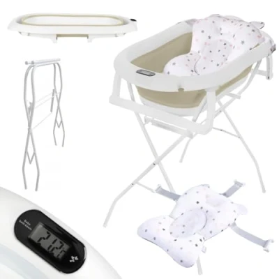 Abbildung von Primabobo Faltbar Babybadewanne, Große Babywanne, Kinderbadewanne mit Badesitz, für Babys von 0 36 Monaten (Premium Beige (Gestell, Badekissen, Thermometer), Faltbare Babybadewanne Gestell)