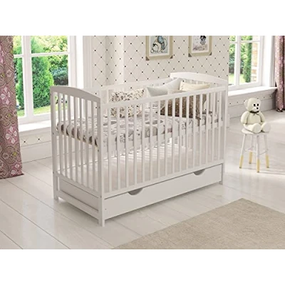 Abbildung von Love For Sleep Weiß Babybett Gitterbett mit Schublade 120 x 60 + Schaumstoffmatratze Sicherheitsgitter aus Holz Schutzhülle