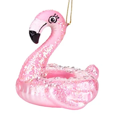 Abbildung von BRUBAKER Christbaumschmuck Handbemalte Weihnachtskugel Flamingo Schwimmring, eleganter Weihnachtsanhänger aus Glas, mundgeblasenes Unikat, lustige Baumkugel 9 cm