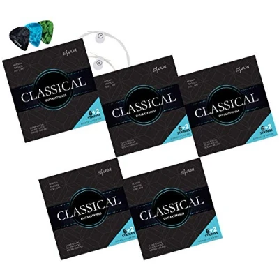 Abbildung von Shaman Gitarrensaiten für Konzertgitarre 5 Satz Premium Nylon Saiten klassische Gitarre und Akustikgitarre 6+2 Set inklusive 3 Plektren, D Saite extra hohe E