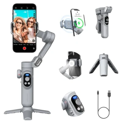 Abbildung von Gimbal Stabilizer für Smartphone mit LED Licht Face Tracking Auto Inception Time Lapse, Handheld faltbar 3 Achsen Telefon Gimble iPhone16 15 14 13 12Pro/Max/Xs Galaxy S24, AOCHUAN SMART XPro