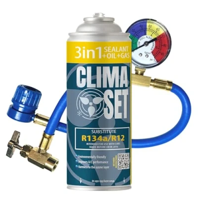 Abbildung von ClimaSet 3in1 R134a Kältemittel Ersatzgas Kühlmittel Klima Auto mit Dichtmittel und Öl Gasflasche 1x170 g Klimaanlage Nachfüllset Wohnmobil Schlauch