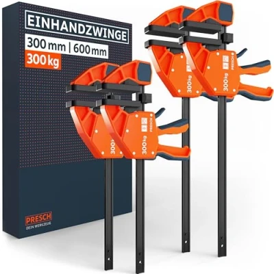 Abbildung von Presch Einhandzwingen 300mm &amp; 600mm 4 Stk. Zwingen Set Mit 300kg Spannkraft für schnelles Fixieren Robuste Schnellspannzwingen dank Carbonstahl glasfaserverstärktem Gehäuse Spreizfunktion