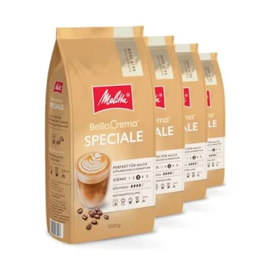 Abbildung von Melitta BellaCrema Speciale Ganze Kaffee Bohnen 4 x 1kg, ungemahlen, Kaffeebohnen für Vollautomat, mittlere Röstung, geröstet in Deutschland, Stärke 2, im Tray