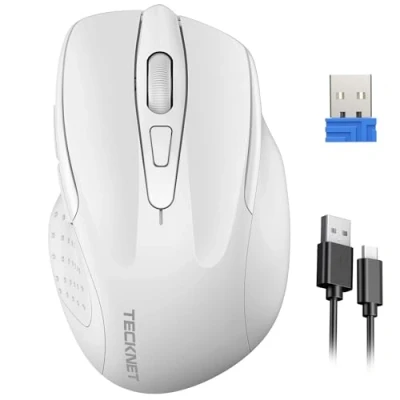 Abbildung von TECKNET Silent Kabellose Maus, Wiederaufladbar Funkmaus 4800 DPI, 2,4 GHz Optische Computer Maus für Laptop, PC, Mac, 6 Tasten, Weiß