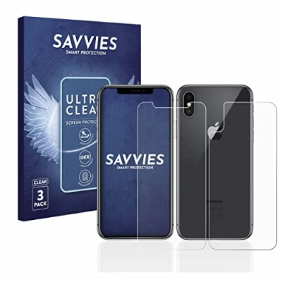 Abbildung von Savvies 6 Stück Schutzfolie für Apple iPhone X/Xs (Vorder + Rückseite) Displayschutz Folie Ultra Transparent