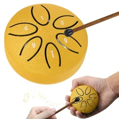 Abbildung von Realtopdo Tongue Drum Steel 3 Zoll Stahlzungen 6 Töne Zungentrommel Pan Percussion Instrument Handpan mit Schlägeln Meditation Yoga Klangheilung (Gelb)