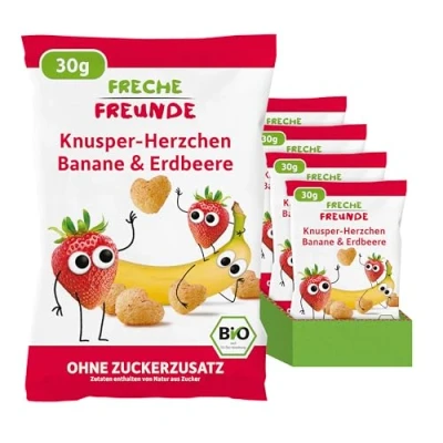 Abbildung von FRECHE FREUNDE Bio Knusper Herzchen aus gepufftem Mais, mit Bananen und Erdbeerpulver, fruchtig süße Knabberei für Kinder, vegan, glutenfrei, 9er Pack (9 x 30g)
