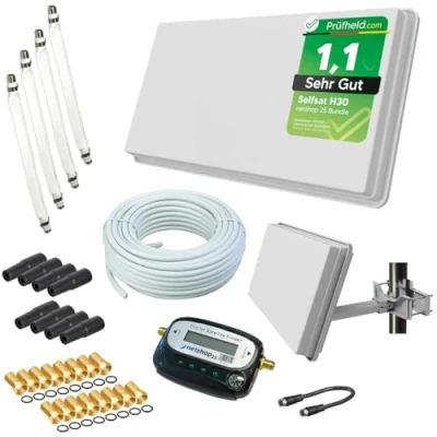 Abbildung von Selfsat H30D4+ Sat Flachantenne Quad mit Fensterhalterung + Finder 50m Kabel netshop 25 Anschluss Set (HD Anlage für 4 Teilnehmer)
