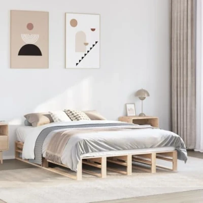 Abbildung von vidaXL Massivholzbett, Holzbett mit Kopfteil Fußteil Lattenrost, Doppelbett für Schlafzimmer, Bett Bettgestell, 150x200cm Kiefernholz