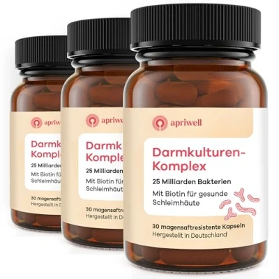 Abbildung von Apriwell Darmkulturen Komplex Fructosefrei 5 Milchsäurebakterien &amp; Bifidobakterien Mit Biotin für die Schleimhaut magensaftresistent ohne Inulin 90 vegane Kapseln