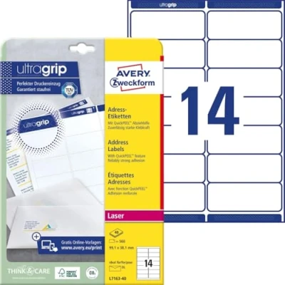 Abbildung von AVERY Zweckform L7163 40 Adressetiketten/Adressaufkleber (560 Etiketten mit ultragrip, 99,1x38,1mm auf A4, bedruckbar, selbstklebend, für DIN lang Briefkuverts, Papier matt) Blatt, weiß